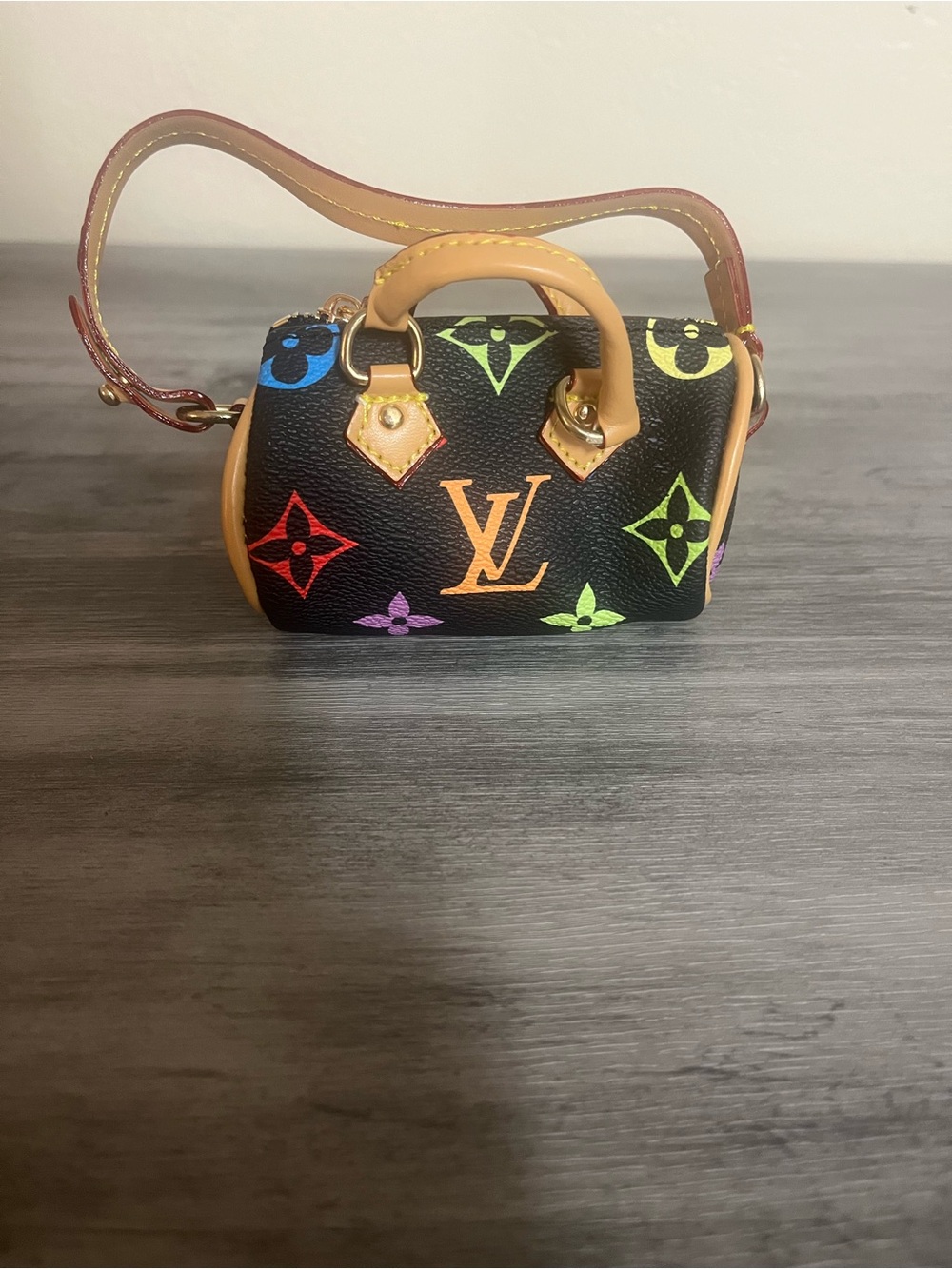 Black Multicolor Mini Satchel Keychain Bag Charm with Tan Handles Luxury - Picture 2 of 3